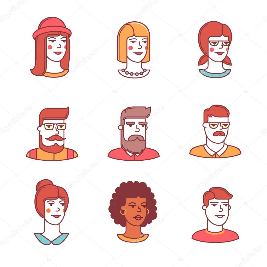 Human faces icons thin line set. Hipsters