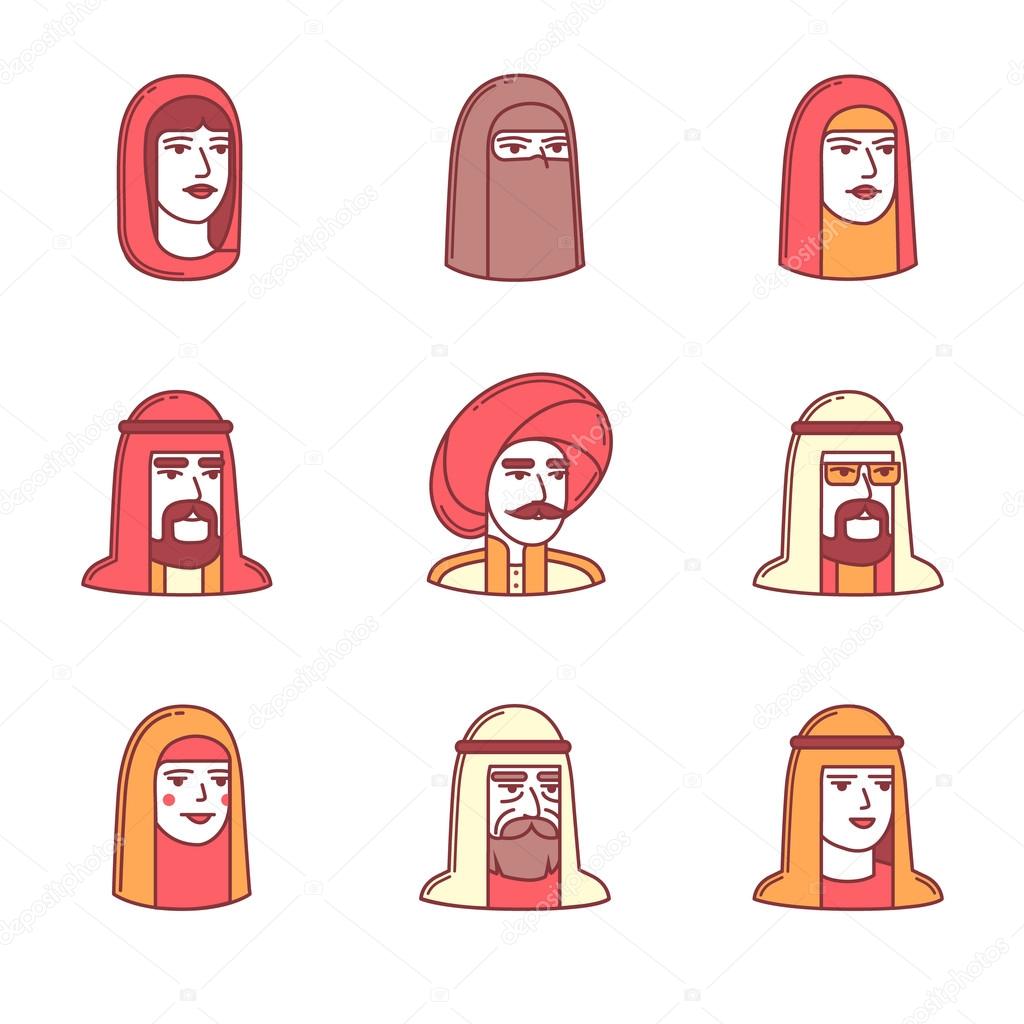 Arabic and muslim people faces icons thin line set