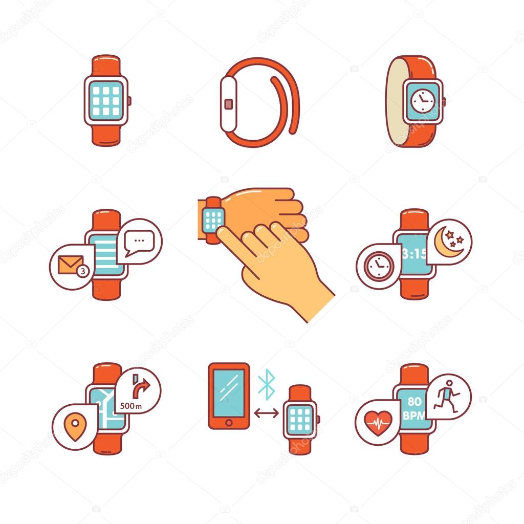 Thin line icons set. Modern smart watches and apps