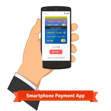 Hand holding smartphone with payment app