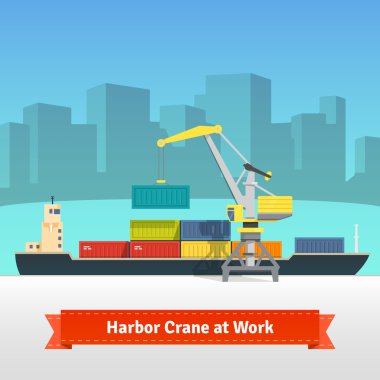 Container cargo ship loaded by crane