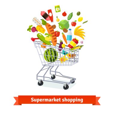 Full shopping grocery cart with goods