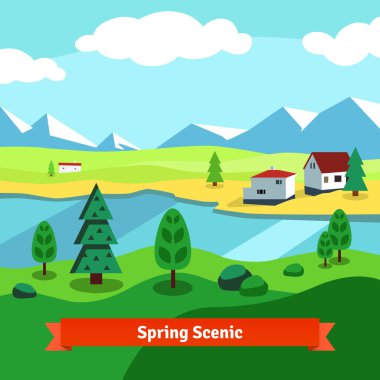 Spring rural farm riverside scenic