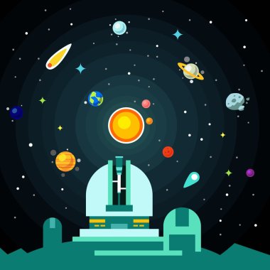 Observatory station, solar system with planets clipart
