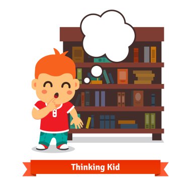 Thinking kid in front of full bookshelf