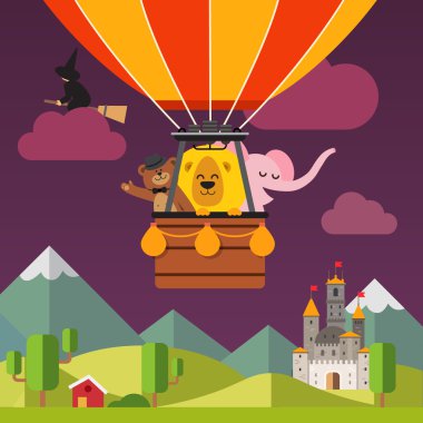 animals flying on hot air balloon