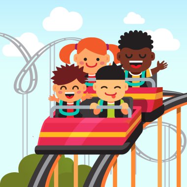 smiling kids riding roller coaster