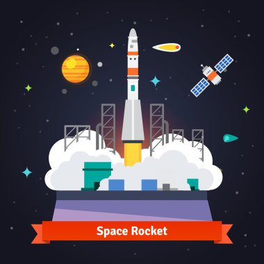 Rocket launch from spaceport pad clipart