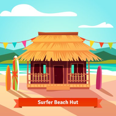 Surfers lagoon beach hut with surfboards