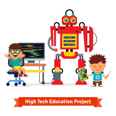 Kids making and programming huge robot clipart