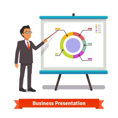 Businessman making presentation explaining charts clipart
