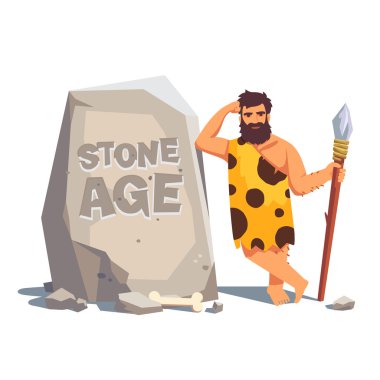 big tablet rock with leaning caveman clipart