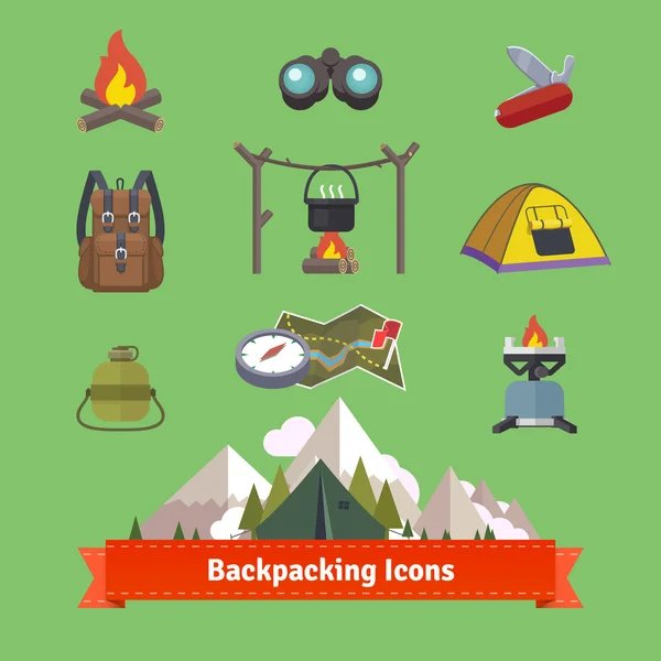 Backpacken en wandelen platte pictogram instellen — Stockvector