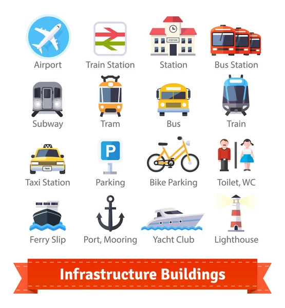 Infrastructuur gebouwen platte pictogrammenset — Stockvector
