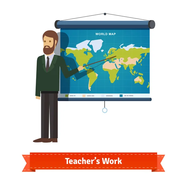 Δάσκαλος ή Λέκτορας Παρουσιάζοντας χάρτη με δείκτη. — Διανυσματικό Αρχείο