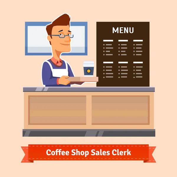 Shop assistant serving cup of coffee — Stock Vector