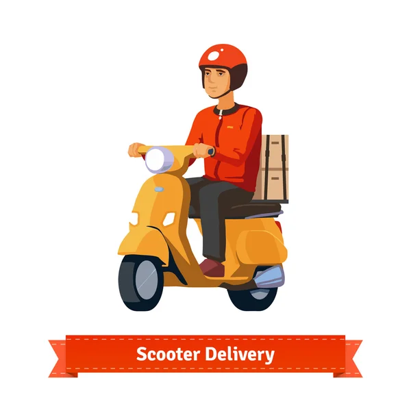 Young man on scooter delivering packages — Stock Vector