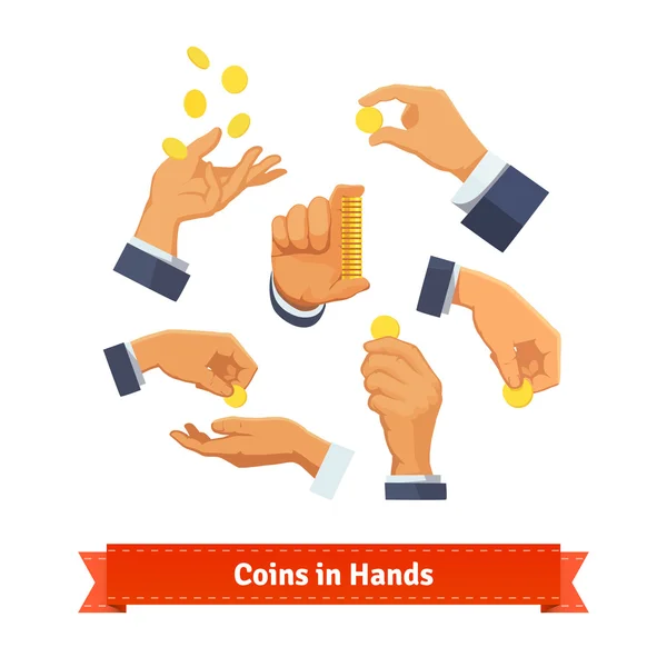 Hands aanduiding munten en stack — Stockvector