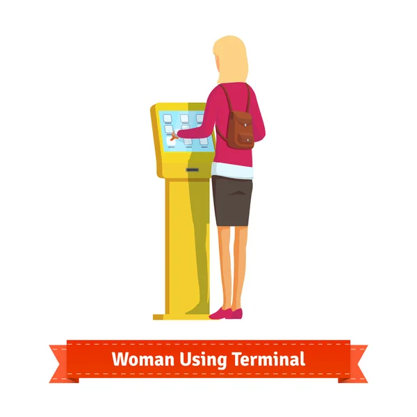 Mujer usando terminal electrónico — Vector de stock