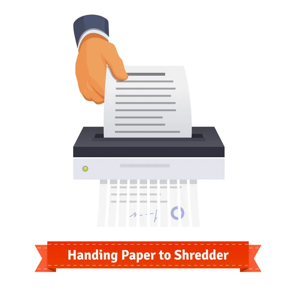 Man handing paper to shredder — Stock Vector