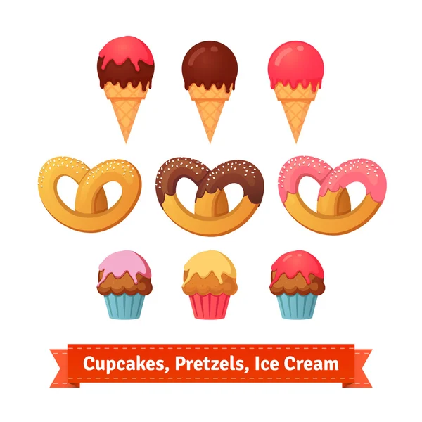 Pasteles, pretzels y helados — Vector de stock