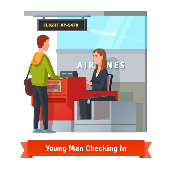 Uomo con valigia check-in in aeroporto — Vettoriale Stock