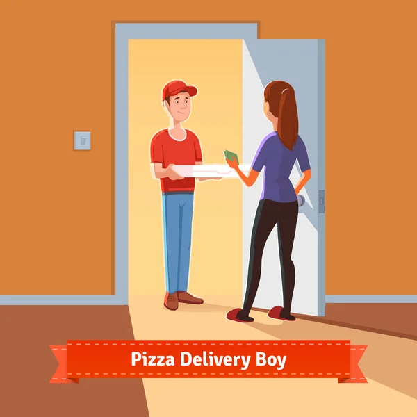 Repartidor de pizza repartiendo pizza — Vector de stock