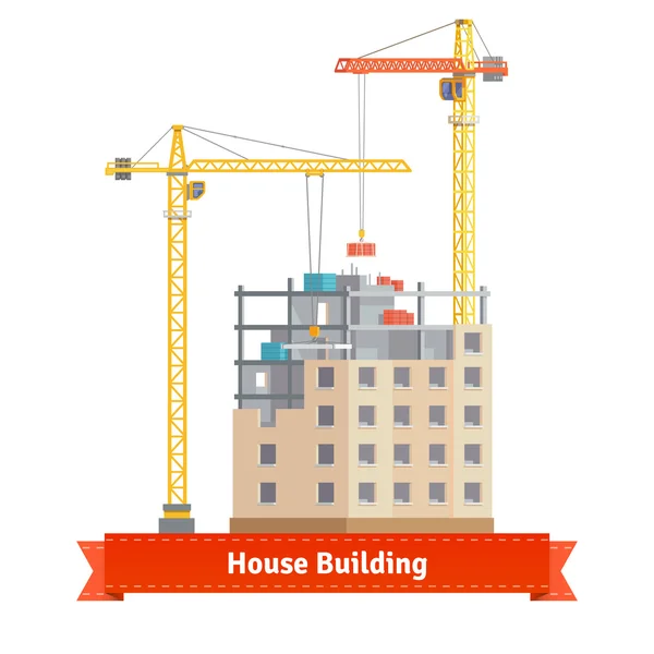 Construction of tenement house with cranes — Stockvector