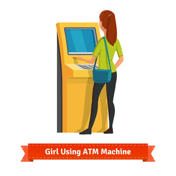 Девушка в банкомате делает депозит — стоковый вектор