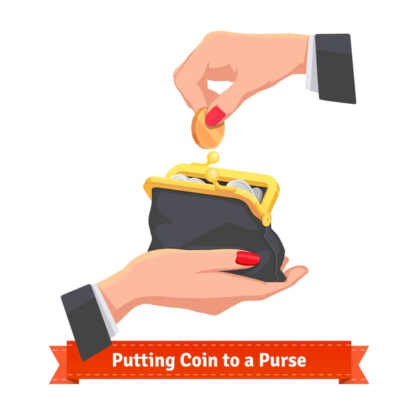 Poner moneda en un bolso negro — Vector de stock
