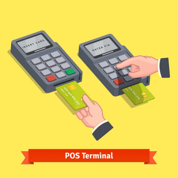 Inserção de cartão de crédito em um terminal POS — Vetor de Stock