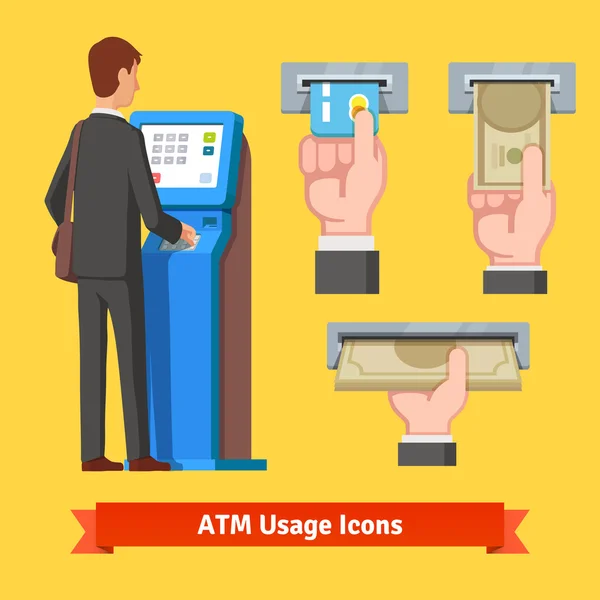 Empresário usando a máquina ATM moderna —  Vetores de Stock