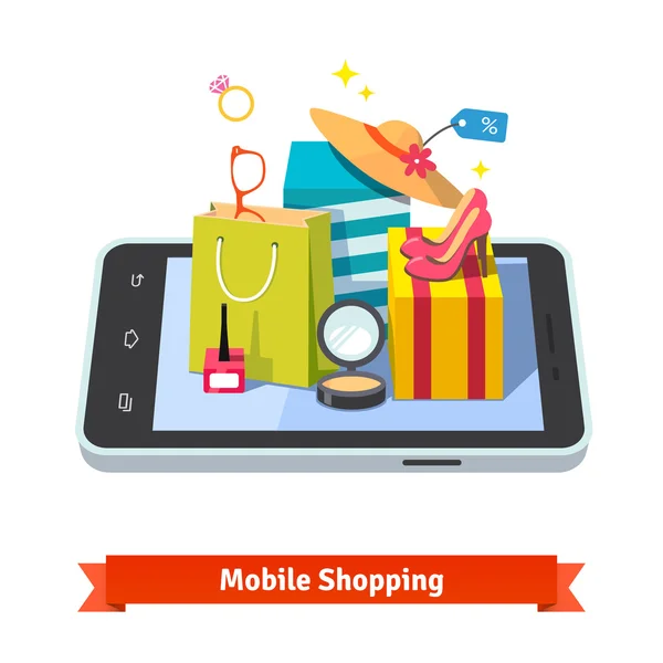 Woman mobile online shopping for accessories — Stock Vector