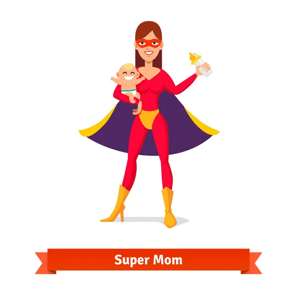 Super mother holding son in arms — Stock Vector