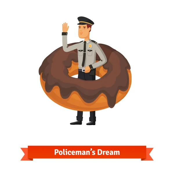 Cartoon policeman in donut dream concept — Stock Vector