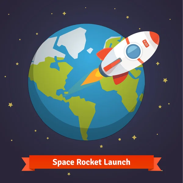 Cartoon rocket leaving earth orbit — Stock Vector