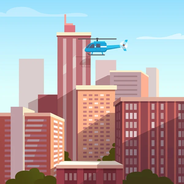 Sunset city landscape with flying helicopter — 图库矢量图片