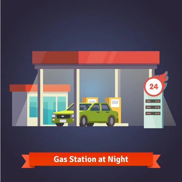 Gas station gloeien bij nacht — Stockvector