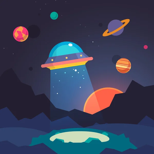 Paisaje del mundo alienígena noche y OVNI — Vector de stock