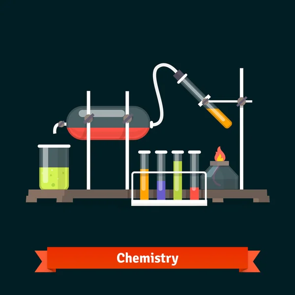 Experimento químico de laboratorio y cristalería — Vector de stock