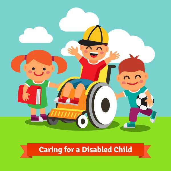 Happy children are walking with kid on wheelchair — Stock Vector