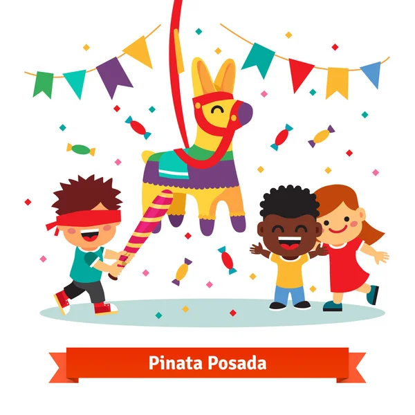 Crianças comemorando Posada quebrando Pinata — Vetor de Stock