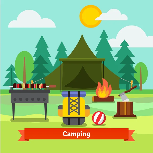 Campeggio nella foresta con tenda — Vettoriale Stock