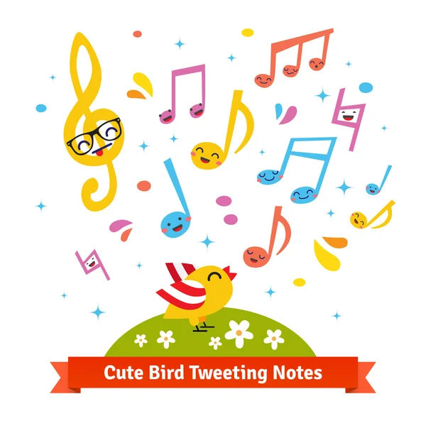 Uccello che twitta e canta note musicali — Vettoriale Stock