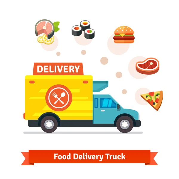 Restaurant food delivery truck with meal — 图库矢量图片