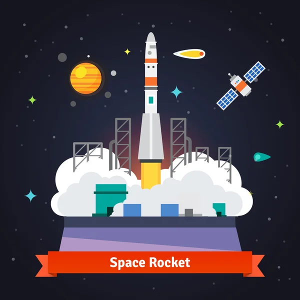 Rocket launch from spaceport pad — Stock Vector