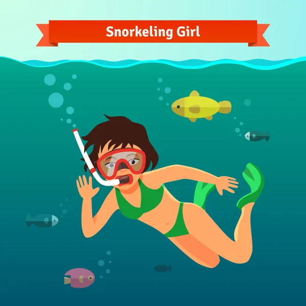 Girl snorkelling in sea with fishes — Stok Vektör