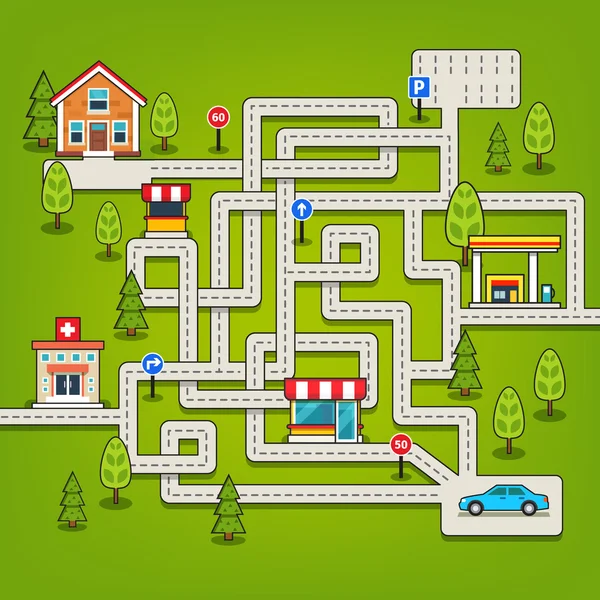 Maze game with roads, car, home — 图库矢量图片