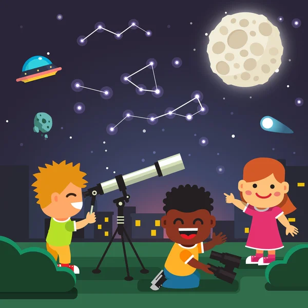 Bambini che fanno osservazioni astronomiche telescopio — Vettoriale Stock