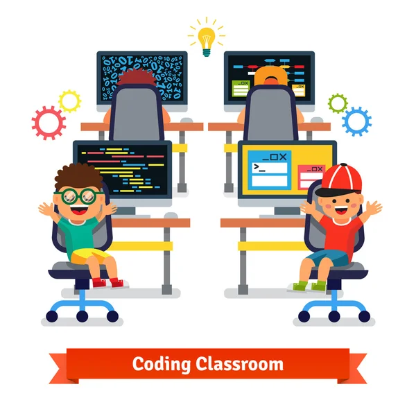 Kids learning to code and program — Stock Vector